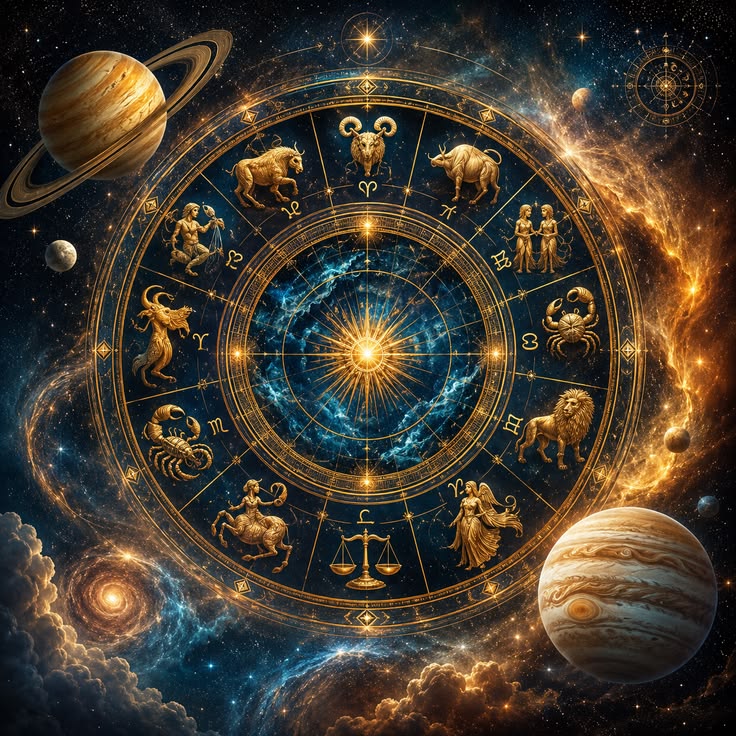 Aranyszínű zodiákus kör az állatövi jegyek alakjaival, körülötte bolygókkal