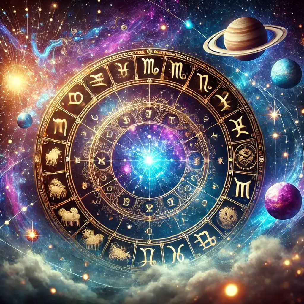 Zodiákus kör az állatövi jegyekkel, körülötte bolygókkal és csillagködökkel