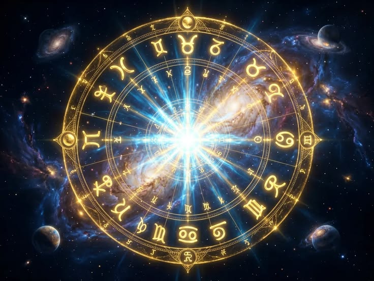 Fénylő zodiákus kör az állatövi jegyek jeleivel, csillagfényes háttérrel